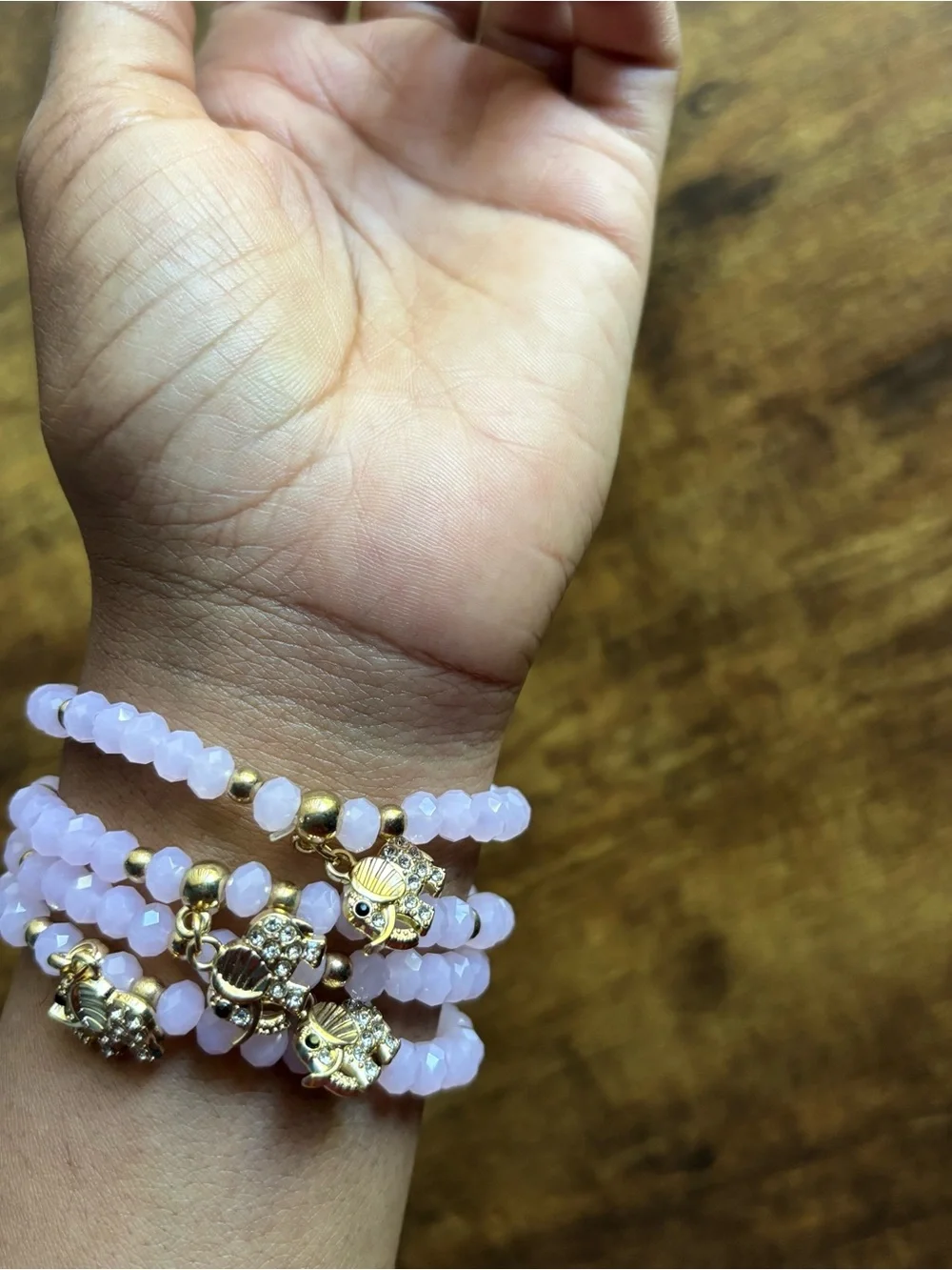 4pcs Gold Elephant Charm Pink Crystal Beaded Handmade Stretch Bracelet Set